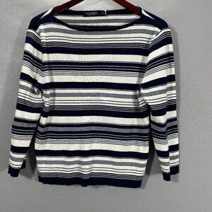 Ralph Lauren Black Label Top Womens XL Blue White Stretch Cotton 3/4 Sleeve Boat